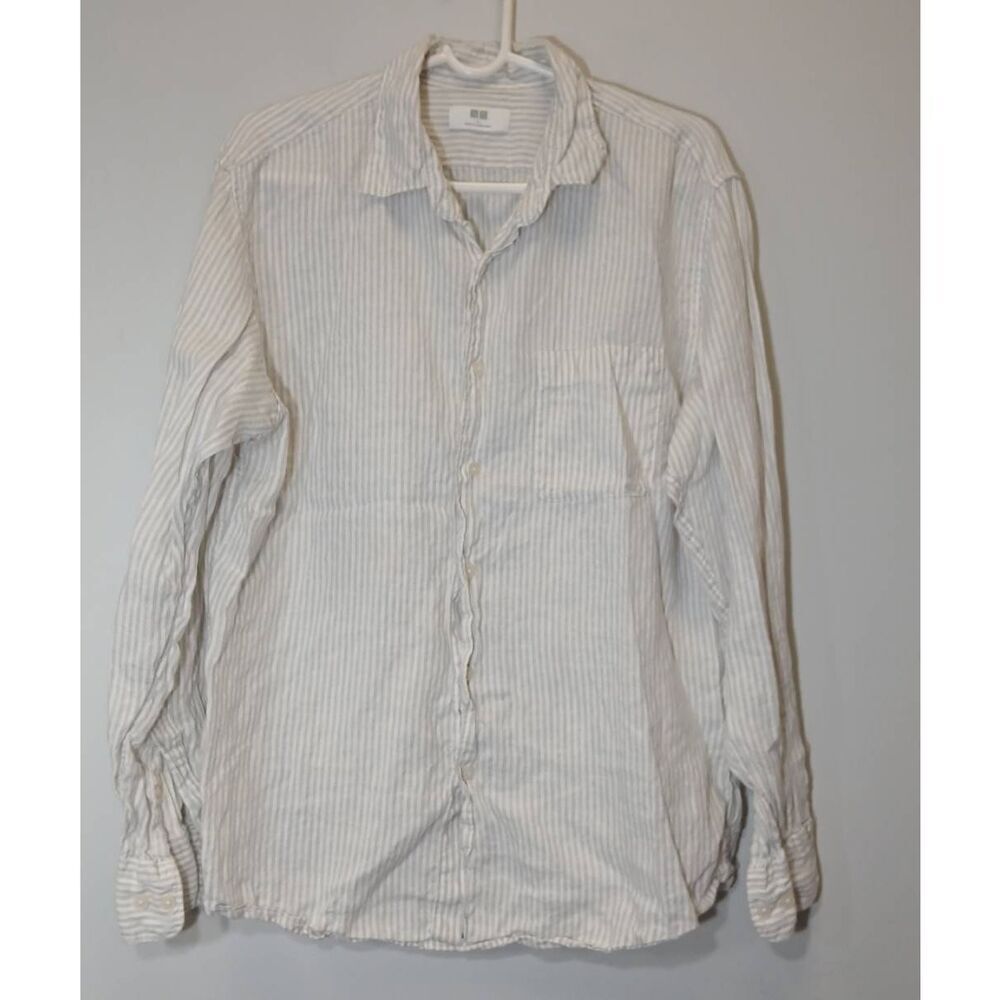 Uniqlo womens large 100% linen shirt pin stripe gray minimalist elevated